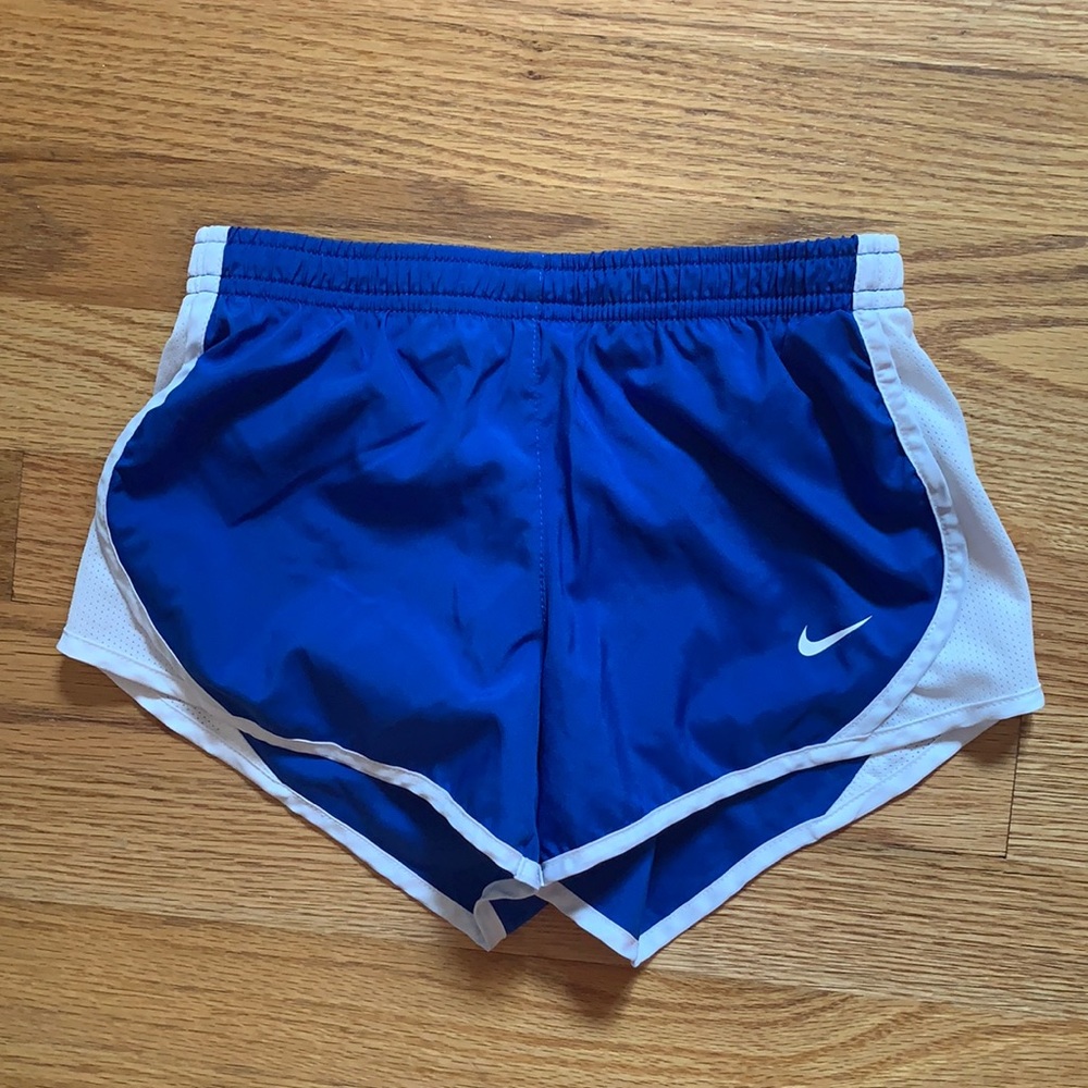 Blue and white girls running shorts